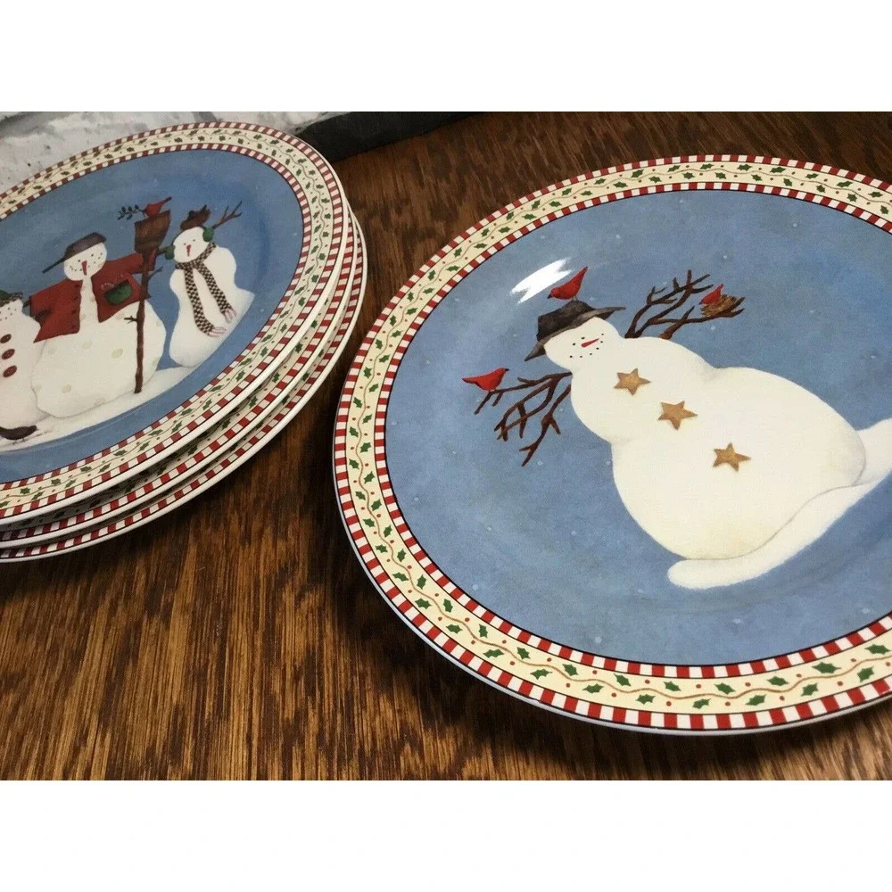 Vtg Debbie Mumm Jolly Snowmen Sakura 1997 Salad Plates Country Christmas Winter‎